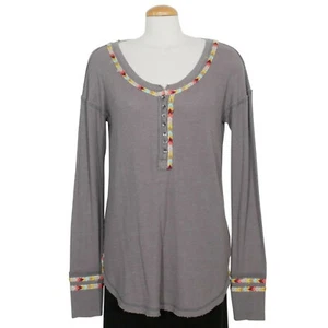 FREE PEOPLE Gray Cotton Blend Rainbow Thermal Henley Top S - Picture 1 of 8