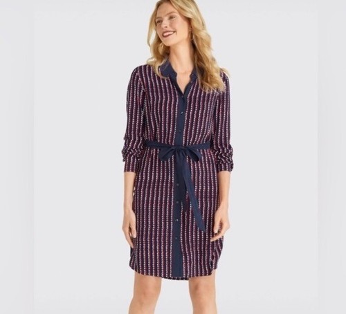 VALENTINO Abito Camicia Draper James Righe Cuore Taglia 6 Blu Navy Rosso Cravatta Cintura Nuovo con etichette