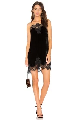 ALICE + OLIVIA Black Velvet Eyelash Fringe Lace Trim Charice Mini Slip Dress L - Image 1 of 4
