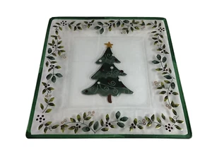 Pfaltzgraff WINTERBERRY Glass Platter Hand Painted Square Christmas Tree Holiday - Picture 1 of 10