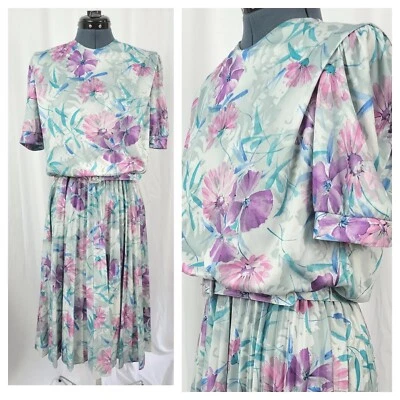 Vintage Whirlaway Grey Dress w Purple/Pink/Blue Florals & Pleated Skirt Size 14P - Image 1 of 4