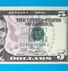 ID 00000424 A Low Serial Number 3 Digits (424) $5 Five Bill 2006 Series *UNC* - Picture 1 of 4