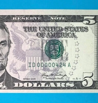 ID 00000424 A Low Serial Number 3 Digits (424) $5 Five Bill 2006 Series *UNC* - Image 1 of 4