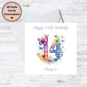 Personalisierte Karte zum 14. Geburtstag - Mädchen Schmetterlinge personalisierbar Name - Bild 1 von 1