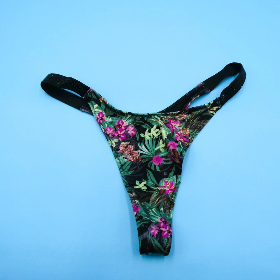 Victorias Secret Medium Green Floral Bling Deep Cut Thong Bikini Bottom Beach - Image 1 of 4