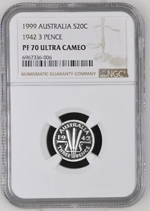 1999 AUSTRALIA SILVER PROOF 20 CENT COIN 1942 3 PENCE - NGC PF 70 ULTRA CAMEO - Picture 1 of 2