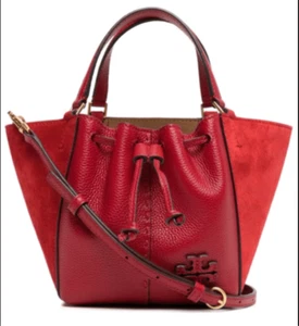 TORY BURCH Mcgraw Mini Dragonfly Leather Bucket Tote Adjustable Crossbody In Red - Picture 1 of 15