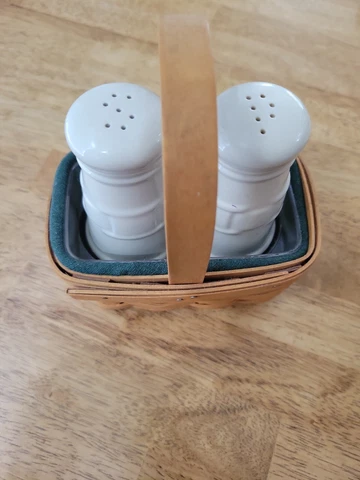 Longaberger White Salt & Pepper Shakers with Basket & Protectors Cover