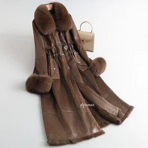 Abrigo largo de cuero forrado de piel de conejo 100 % real con cuello de piel de zorro para mujer cálido - Imagen 1 de 26