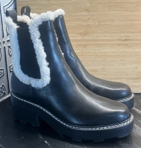 Calvin Klein Black Leather Bootie Ankle Boots Fur Shearling Trim Size 7 1/2 M - Picture 1 of 5