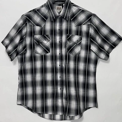 Ely Cattleman Pearl Snap Men XL Black Gray Plaid Short Sleeve Shirt Western Wear - Image 1 of 4