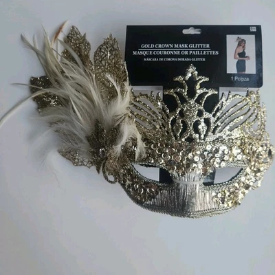 Masquerade Ball Party Mask, Venetian Eye Mask, Mardi Gras Parade Bling Feathers - Image 1 of 4