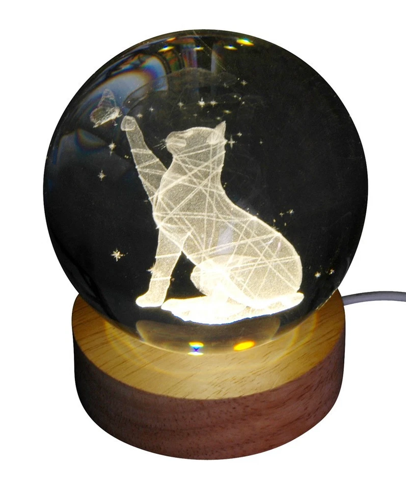 Glaskugel mit edlem Holzsockel und elektr. Beleuchtung ca. 8cm Lampe Katze - Bild 1 von 1
