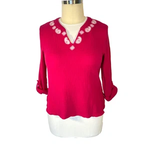 Ruby Rd. Damen L Tunika Kerbe V-Ausschnitt lange Rollriegelärmel weiß Stickerei - Bild 1 von 13