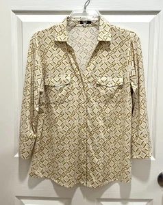 Camisa J MCLAUGHLIN Mujer Grande Beige Cadena Gemétrica Abotonada Manga 3/4 Elastizada - Imagen 1 de 7