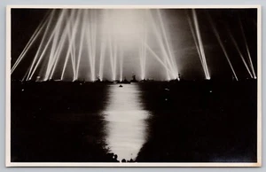 RPPC 1935 British Naval Review - Finale Search Lights - King Geo. V UNP Postcard - Picture 1 of 3