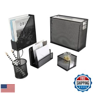 BLU MONACO 5 Piece Black Office Supplies Desk Organizer Set - Desktop Hanging - Picture 1 of 5