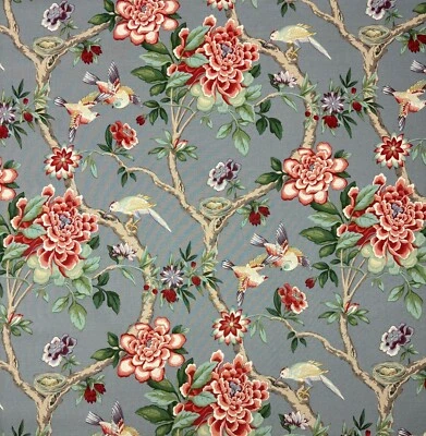 WAVERLY MUDAN TEABERRY GRAY FLORAL BIRD MULTIPURPOSE COTTON FABRIC BY YARD 54"W - Image 1 of 4