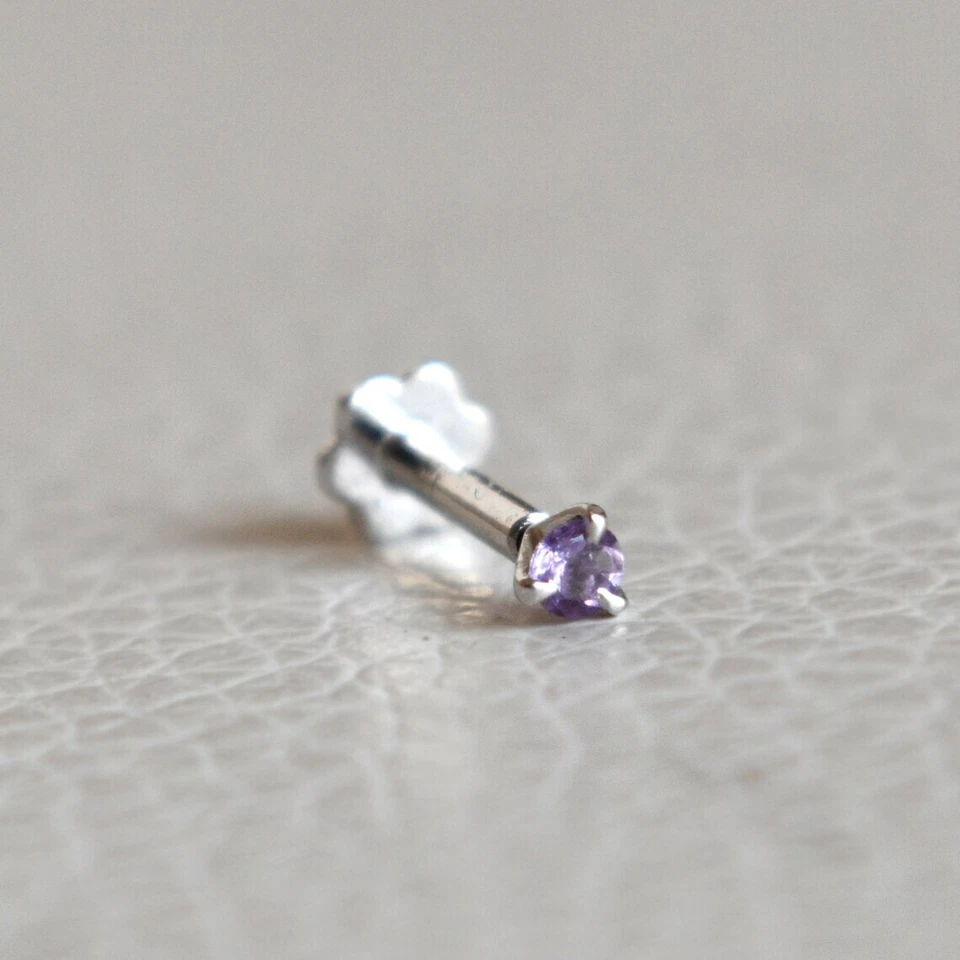 Lindo presente redondo 0,06 ct ametista natural parafuso prisioneiro de ouro branco 14k real - Imagem 1 de 4