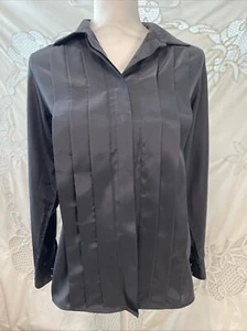 Vintage Neil Martin schwarze plissierte Bluse Damen kleine Knopfleiste Langarm Satin 6 - Bild 1 von 5