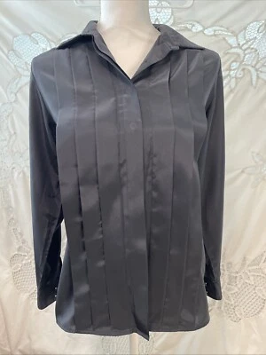 VTG Neil Martin Black Pleated Blouse Women Small Button Down Long Sleeve Satin 6 - Image 1 of 4