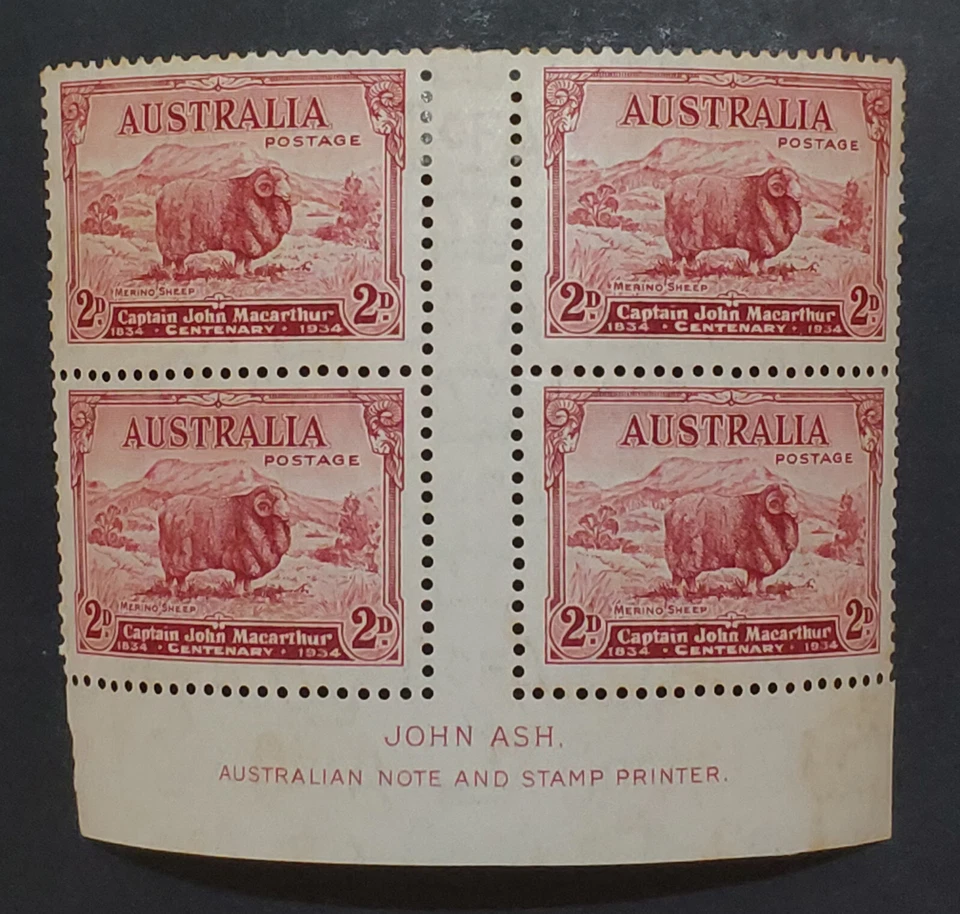 AUSTRALIA. GV. 1934. Capt. Macarthur 2d Ash imprint block of 4. Fine mint. - Image 1 of 3