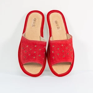 Womens Ladies Slippers Home Shoes Suede Natural Leather Red Polskie Kapcie - Picture 1 of 15
