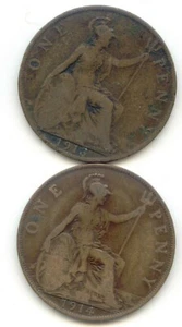 UK 1913 1914 Bronze Penny 95% Copper Pence Great Britain EXACT Coin Set Shown - Picture 1 of 2