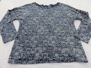 MANTARAY NAVY COTTON JERSEY & WHITE SCANDI HOUSE PRINT TOP UK 12 BUTTONS AT BACK - Picture 1 of 18