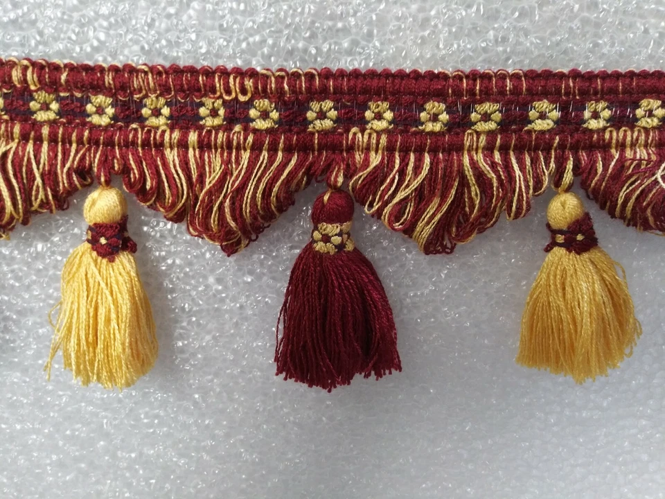 6 yards TASSEL FRINGE 3 1/2"- WINE RED/GOLD -Upholstery Drapery Fabric Trim - Image 1 of 1