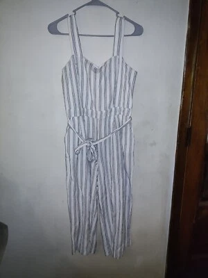 Mono Ann Taylor Pierna Ancha Mameluco Mezcla de Lino Sin Tirantes Recortado Blanco Gris 6P Foto 1 de 4