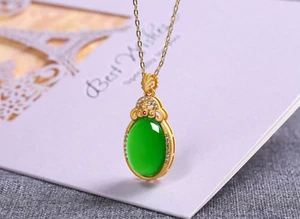 Green Jade Crystal Pendant Necklace Charm 18K Gold Plated Chain Dainty Gemstone - Picture 1 of 6