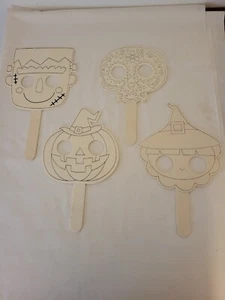 Sortiment 4 Halloween DIY Holz Maske Totenkopf, Kürbis, Frankenstien, Vogelscheuche - Bild 1 von 3