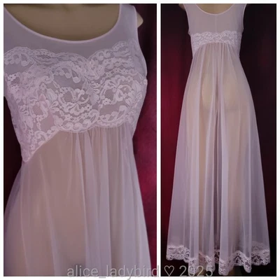 SHEER Vintage CHIFFON Silky GOWN Long NIGHTGOWN Floral Lace Slip Dress ~S/M  - Image 1 of 4