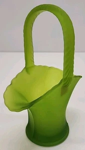 Westmoreland Satin Glass Frosted Green Basket Vase 9” With Sticker Vanity Decor - Picture 1 of 14