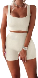 Women'S Workout Sets Ribbed Tank 2 Piece Seamless High Waist Gym Outfit Yoga Sho - Picture 1 of 19