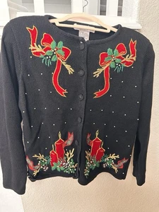 Weihnachtspullover Victoria Jones schwarz Strickjacke rot Kerzenschleifen Größe S - Bild 1 von 11