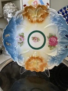 Antike IPF Germany Porzellan blau orange Griff Kuchenplatte 10,25" Platte - Bild 1 von 9