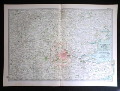 Edwardian Vicinity of London, England Map (1902) ex Century Atlas of the World - Image 1 of 3