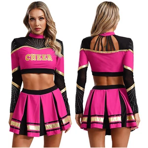 Womens Cheerleader Outfit Long Sleeve Crop Top with Skirts Costume Cheerleading - Picture 1 of 79