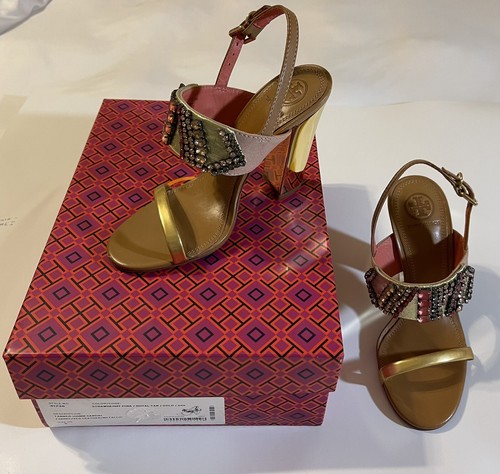 Sandalo TORY BURCH tacco a blocco oro in pelle ingioiellato #41736 donna taglia 5M NUOVO