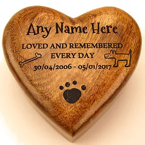 Heart Shaped Wood Pet Dog Cat Pet Urn Cremation Ashes Box Engraved Personalised - Picture 1 of 11