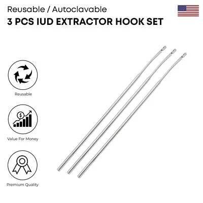 3 Pcs IUD Extractor Hook Set Stainless Steel gynecological Surgical Instruments - Image 1 of 2