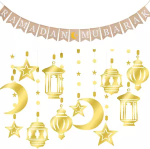 12 Pcs Islamic Eid Decoration Ramadan Gold Crescent Moon Stars Lantern Mubarak B - Picture 1 of 12