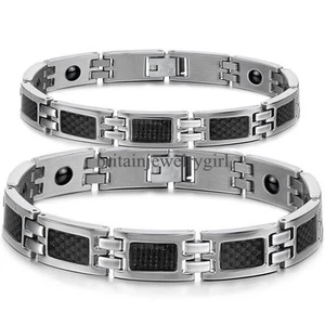 Stainless Steel Mens Womens Black Carbon Fiber Magnetic Stone Bracelet Bangle - Picture 1 of 7