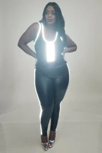 Plus Size Reflector Black Faux Leather Leggings Bodysuit Romper Set 1X 2X 3X - Picture 1 of 6