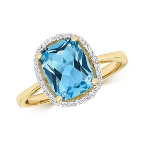 9ct Yellow Gold Blue Topaz and Diamond Ring Oblong Cushion Halo Size JKLMNOPQ - Picture 1 of 5