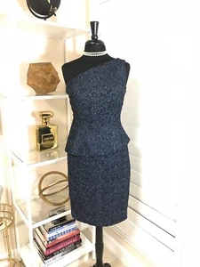 Pre-Owned Women's Carmen Marc Valvo One Shoulder Lace Dress, Navy, Sz 6 - Picture 1 of 9
