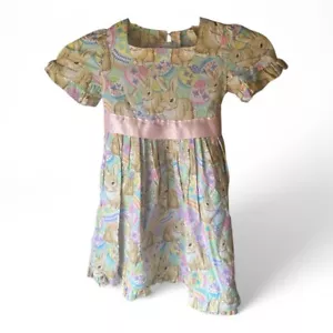 Handmade girls 4T easter bunny print ruffle sleeve pastel pleated flared dress - Picture 1 of 11