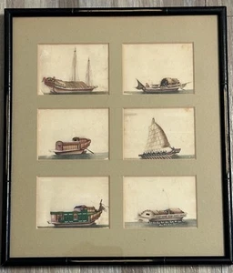 Framed Group Of 6 Chinese Junk/Boat Paintings/Read Details - Picture 1 of 15